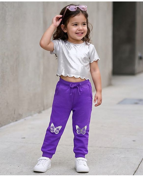 Babyhug Cotton Looper Knit Full Length Lounge Pant with Butterfly Print - Purple