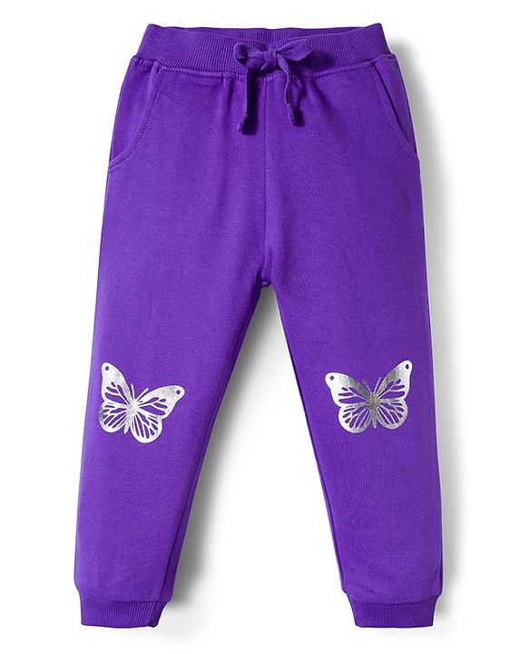 Babyhug Cotton Looper Knit Full Length Lounge Pant with Butterfly Print - Purple