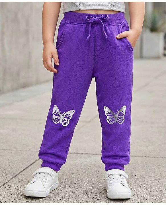 Babyhug Cotton Looper Knit Full Length Lounge Pant with Butterfly Print - Purple