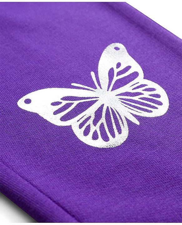 Babyhug Cotton Looper Knit Full Length Lounge Pant with Butterfly Print - Purple