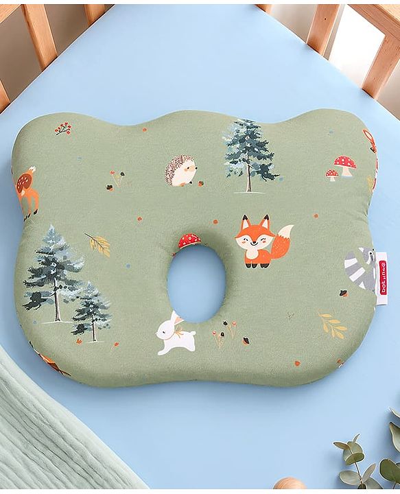 Babyhug Premium Bear Shape Memory Foam Pillow Woodland Print - Green| Infant Head Shaping Cushion| Firm & Supportive Design| Soft Breathable Fabric| Prevents Flat Head| Washable & Travel Friendly