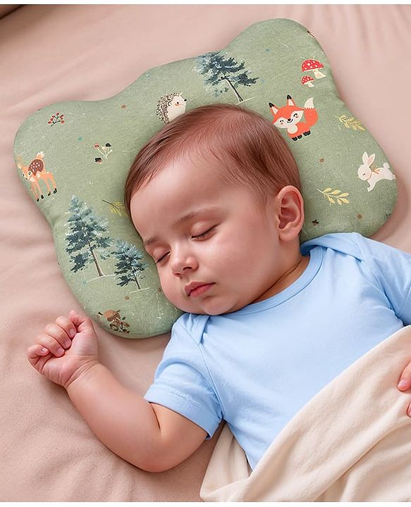 Babyhug Premium Bear Shape Memory Foam Pillow Woodland Print - Green| Infant Head Shaping Cushion| Firm & Supportive Design| Soft Breathable Fabric| Prevents Flat Head| Washable & Travel Friendly