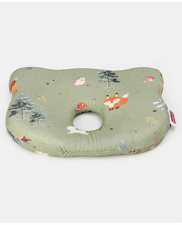 Babyhug Premium Bear Shape Memory Foam Pillow Woodland Print - Green| Infant Head Shaping Cushion| Firm & Supportive Design| Soft Breathable Fabric| Prevents Flat Head| Washable & Travel Friendly