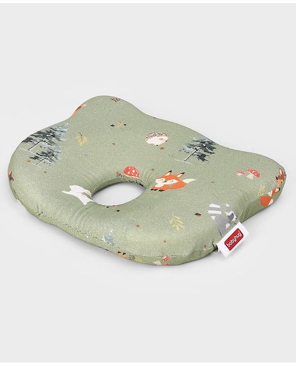 Babyhug Premium Bear Shape Memory Foam Pillow Woodland Print - Green| Infant Head Shaping Cushion| Firm & Supportive Design| Soft Breathable Fabric| Prevents Flat Head| Washable & Travel Friendly