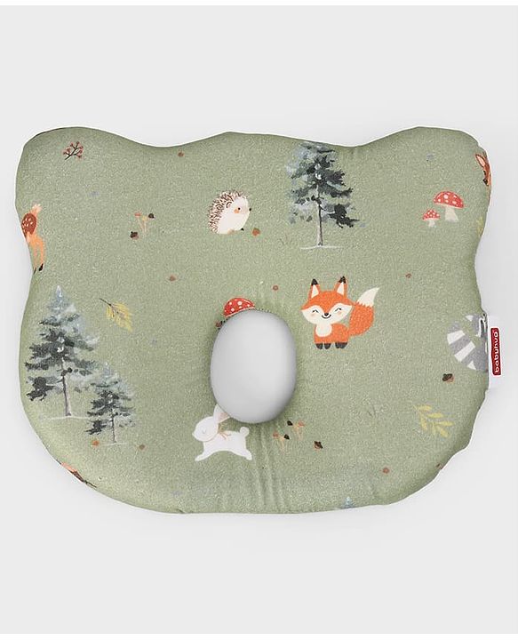 Babyhug Premium Bear Shape Memory Foam Pillow Woodland Print - Green| Infant Head Shaping Cushion| Firm & Supportive Design| Soft Breathable Fabric| Prevents Flat Head| Washable & Travel Friendly
