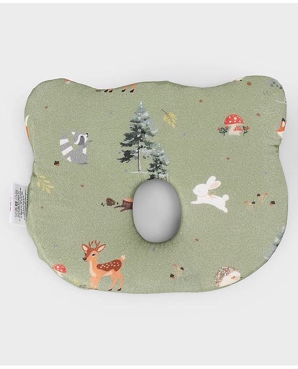 Babyhug Premium Bear Shape Memory Foam Pillow Woodland Print - Green| Infant Head Shaping Cushion| Firm & Supportive Design| Soft Breathable Fabric| Prevents Flat Head| Washable & Travel Friendly