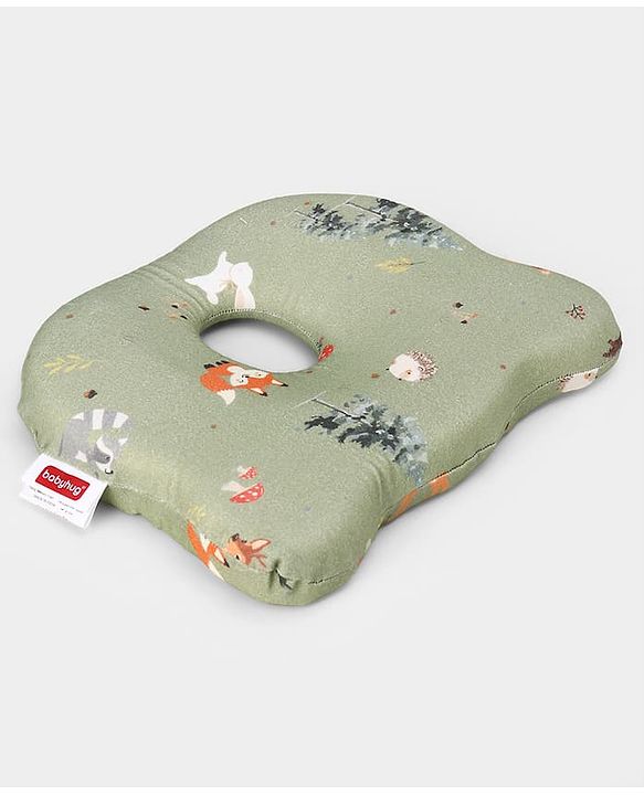 Babyhug Premium Bear Shape Memory Foam Pillow Woodland Print - Green| Infant Head Shaping Cushion| Firm & Supportive Design| Soft Breathable Fabric| Prevents Flat Head| Washable & Travel Friendly