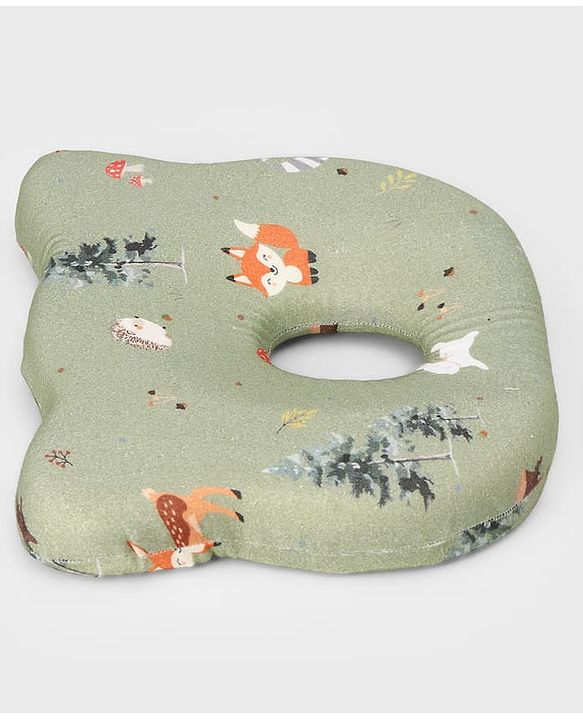 Babyhug Premium Bear Shape Memory Foam Pillow Woodland Print - Green| Infant Head Shaping Cushion| Firm & Supportive Design| Soft Breathable Fabric| Prevents Flat Head| Washable & Travel Friendly