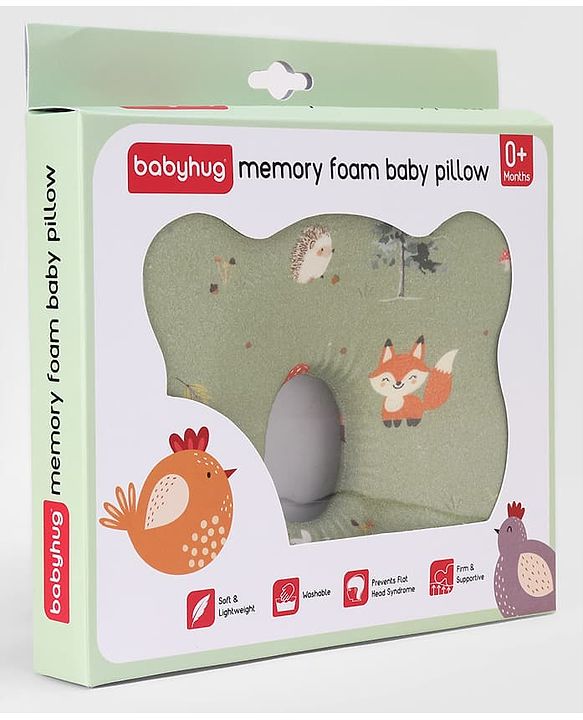 Babyhug Premium Bear Shape Memory Foam Pillow Woodland Print - Green| Infant Head Shaping Cushion| Firm & Supportive Design| Soft Breathable Fabric| Prevents Flat Head| Washable & Travel Friendly