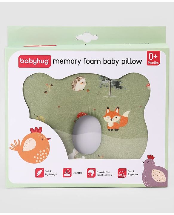 Babyhug Premium Bear Shape Memory Foam Pillow Woodland Print - Green| Infant Head Shaping Cushion| Firm & Supportive Design| Soft Breathable Fabric| Prevents Flat Head| Washable & Travel Friendly