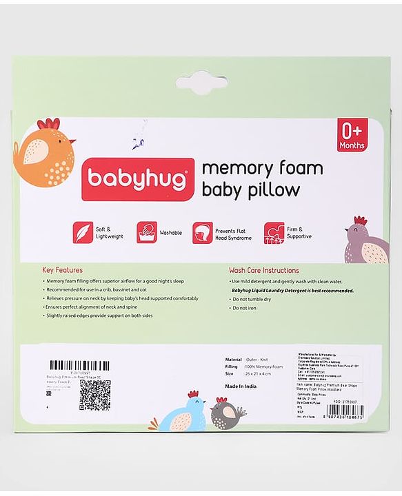 Babyhug Premium Bear Shape Memory Foam Pillow Woodland Print - Green| Infant Head Shaping Cushion| Firm & Supportive Design| Soft Breathable Fabric| Prevents Flat Head| Washable & Travel Friendly
