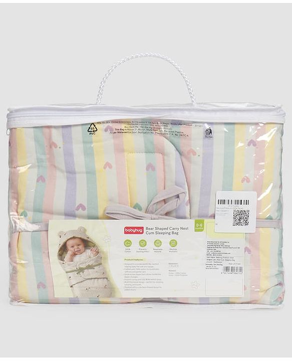 Babyhug Premium 100% Cotton Bear Shaped Carry Nest Cum Sleeping Bag for Babies - Beige - Woodland Theme| Soft Cotton| Snug Wrap Design| Easy-Access| 04 Months Babies| Newborn Essential