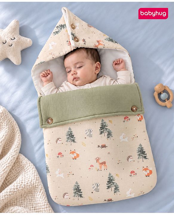 Babyhug Premium 100% Cotton Muslin Sleeping Bag - Woodland Print - Beige| Breathable Baby Sleep Sack| Hooded Swaddle Wrap| Easy Button Closure| Soft Lightweight| New Born Essential