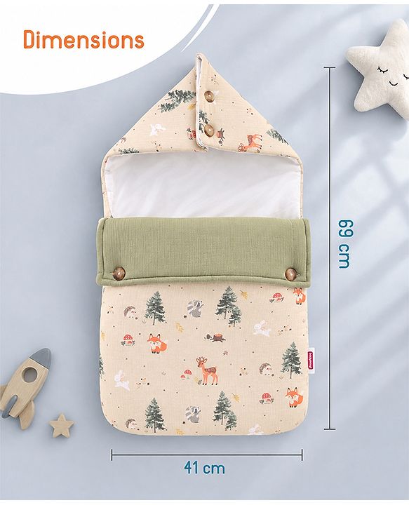 Babyhug Premium 100% Cotton Muslin Sleeping Bag - Woodland Print - Beige| Breathable Baby Sleep Sack| Hooded Swaddle Wrap| Easy Button Closure| Soft Lightweight| New Born Essential