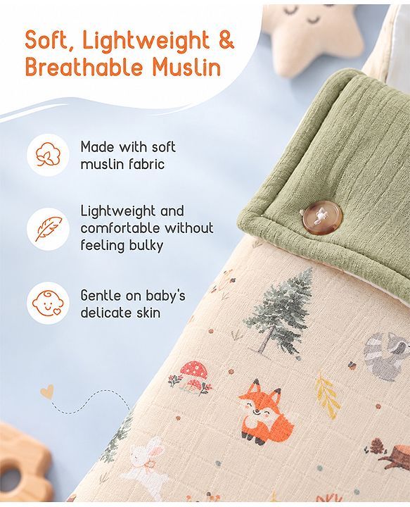 Babyhug Premium 100% Cotton Muslin Sleeping Bag - Woodland Print - Beige| Breathable Baby Sleep Sack| Hooded Swaddle Wrap| Easy Button Closure| Soft Lightweight| New Born Essential
