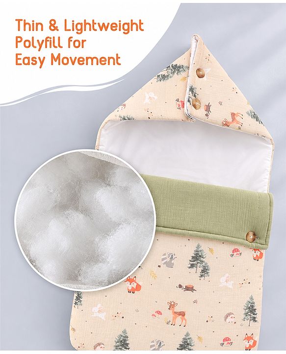 Babyhug Premium 100% Cotton Muslin Sleeping Bag - Woodland Print - Beige| Breathable Baby Sleep Sack| Hooded Swaddle Wrap| Easy Button Closure| Soft Lightweight| New Born Essential