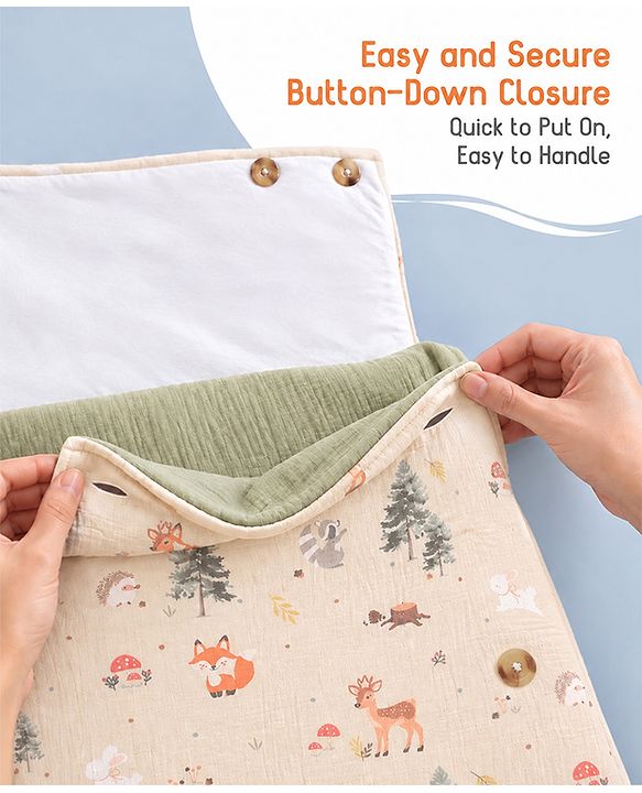 Babyhug Premium 100% Cotton Muslin Sleeping Bag - Woodland Print - Beige| Breathable Baby Sleep Sack| Hooded Swaddle Wrap| Easy Button Closure| Soft Lightweight| New Born Essential