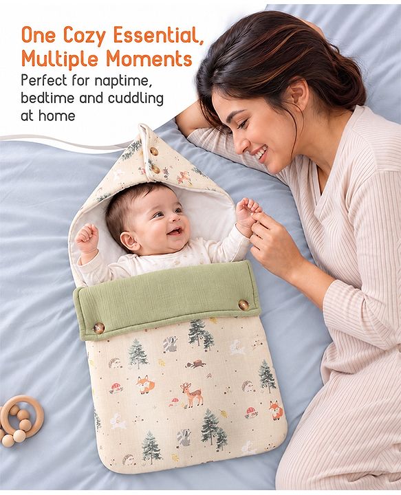 Babyhug Premium 100% Cotton Muslin Sleeping Bag - Woodland Print - Beige| Breathable Baby Sleep Sack| Hooded Swaddle Wrap| Easy Button Closure| Soft Lightweight| New Born Essential