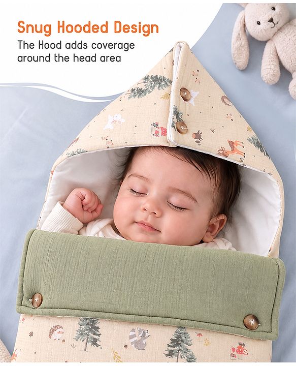 Babyhug Premium 100% Cotton Muslin Sleeping Bag - Woodland Print - Beige| Breathable Baby Sleep Sack| Hooded Swaddle Wrap| Easy Button Closure| Soft Lightweight| New Born Essential
