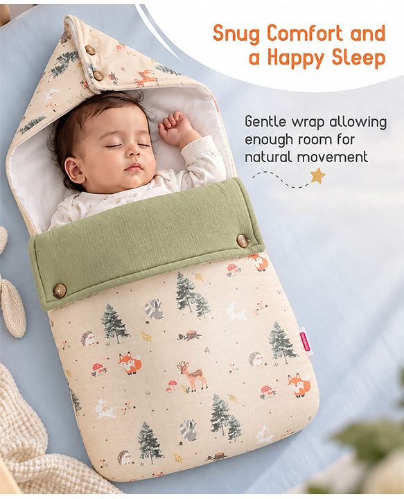 Babyhug Premium 100% Cotton Muslin Sleeping Bag - Woodland Print - Beige| Breathable Baby Sleep Sack| Hooded Swaddle Wrap| Easy Button Closure| Soft Lightweight| New Born Essential