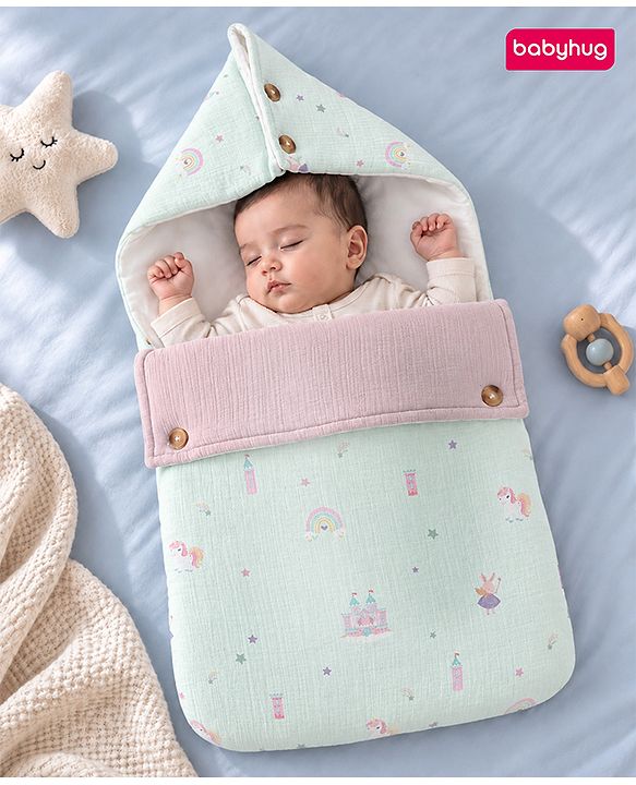 Babyhug Premium 100% Cotton Muslin Sleeping Bag - Woodland Print - Beige| Breathable Baby Sleep Sack| Hooded Swaddle Wrap| Easy Button Closure| Soft Lightweight| New Born Essential
