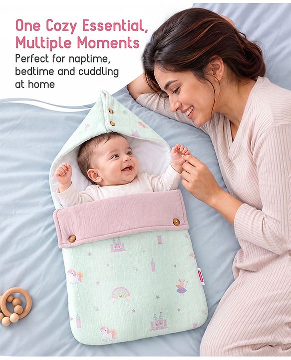 Babyhug Premium 100% Cotton Muslin Sleeping Bag - Woodland Print - Beige| Breathable Baby Sleep Sack| Hooded Swaddle Wrap| Easy Button Closure| Soft Lightweight| New Born Essential