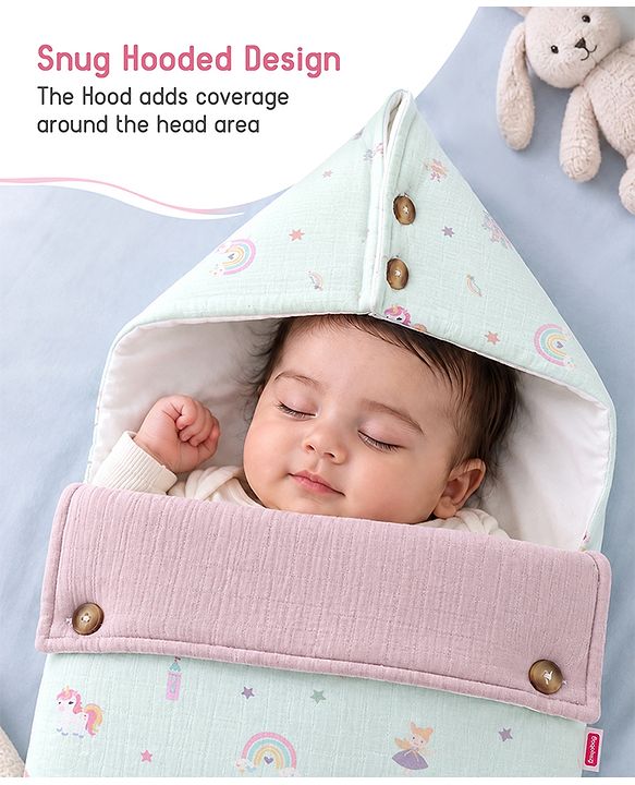 Babyhug Premium 100% Cotton Muslin Sleeping Bag - Woodland Print - Beige| Breathable Baby Sleep Sack| Hooded Swaddle Wrap| Easy Button Closure| Soft Lightweight| New Born Essential