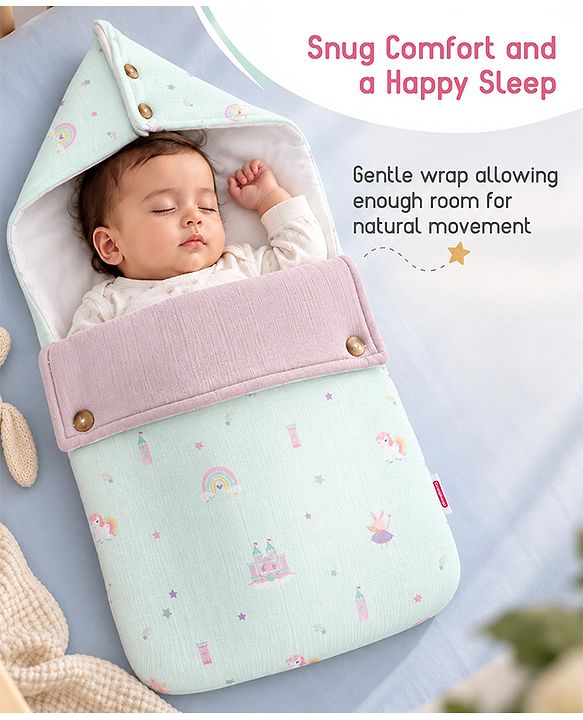 Babyhug Premium 100% Cotton Muslin Sleeping Bag - Woodland Print - Beige| Breathable Baby Sleep Sack| Hooded Swaddle Wrap| Easy Button Closure| Soft Lightweight| New Born Essential