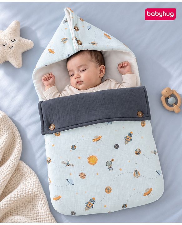 Babyhug Premium 100% Cotton Muslin Sleeping Bag - Woodland Print - Beige| Breathable Baby Sleep Sack| Hooded Swaddle Wrap| Easy Button Closure| Soft Lightweight| New Born Essential