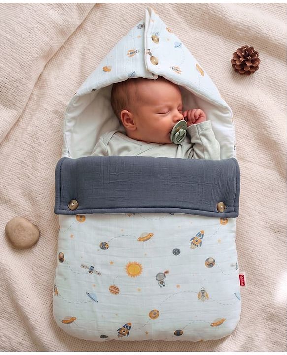 Babyhug Premium 100% Cotton Muslin Sleeping Bag - Woodland Print - Beige| Breathable Baby Sleep Sack| Hooded Swaddle Wrap| Easy Button Closure| Soft Lightweight| New Born Essential