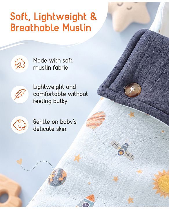 Babyhug Premium 100% Cotton Muslin Sleeping Bag - Woodland Print - Beige| Breathable Baby Sleep Sack| Hooded Swaddle Wrap| Easy Button Closure| Soft Lightweight| New Born Essential