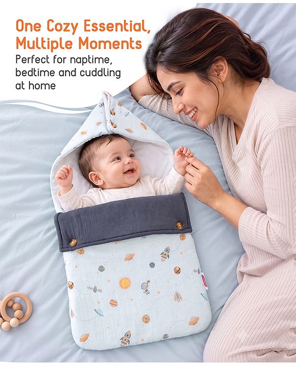 Babyhug Premium 100% Cotton Muslin Sleeping Bag - Woodland Print - Beige| Breathable Baby Sleep Sack| Hooded Swaddle Wrap| Easy Button Closure| Soft Lightweight| New Born Essential