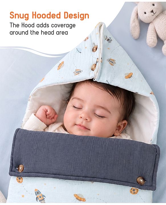 Babyhug Premium 100% Cotton Muslin Sleeping Bag - Woodland Print - Beige| Breathable Baby Sleep Sack| Hooded Swaddle Wrap| Easy Button Closure| Soft Lightweight| New Born Essential