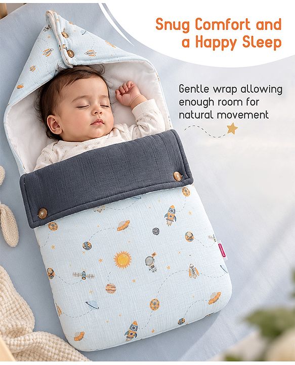 Babyhug Premium 100% Cotton Muslin Sleeping Bag - Woodland Print - Beige| Breathable Baby Sleep Sack| Hooded Swaddle Wrap| Easy Button Closure| Soft Lightweight| New Born Essential