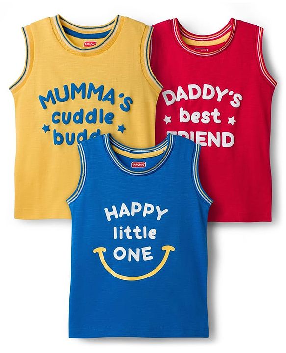 Babyhug Cotton Knit Sleeveless Tank T-Shirt with Text Print Pack of 3 - Red Yellow & Blue