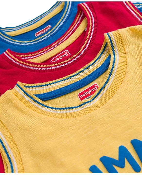 Babyhug Cotton Knit Sleeveless Tank T-Shirt with Text Print Pack of 3 - Red Yellow & Blue