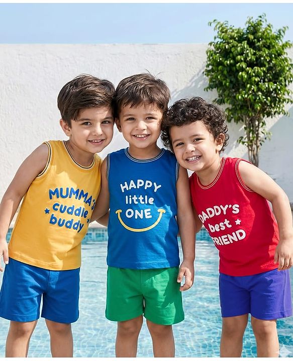 Babyhug Cotton Knit Sleeveless Tank T-Shirt with Text Print Pack of 3 - Red Yellow & Blue