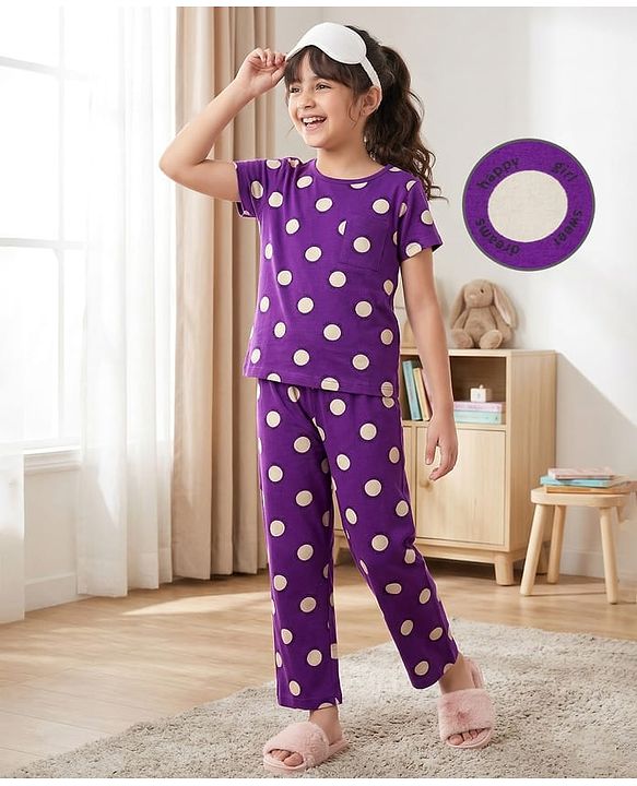 Pine Kids Single Jersey Knit Half Sleeves Co-ords Top & Pajama Night Suit with Polka Dot Print - Purple
