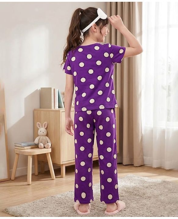 Pine Kids Single Jersey Knit Half Sleeves Co-ords Top & Pajama Night Suit with Polka Dot Print - Purple
