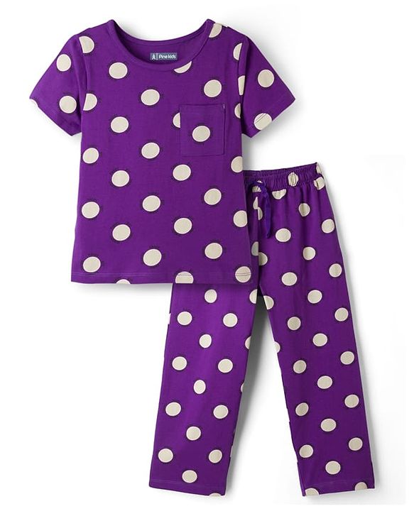 Pine Kids Single Jersey Knit Half Sleeves Co-ords Top & Pajama Night Suit with Polka Dot Print - Purple
