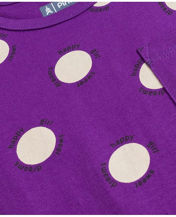 Pine Kids Single Jersey Knit Half Sleeves Co-ords Top & Pajama Night Suit with Polka Dot Print - Purple