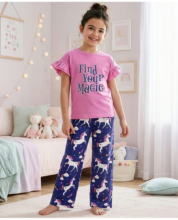 Pine Kids Single Jersey Knit Frill Sleeves Top & Pajama Night Suit With Unicorn Print - Purple