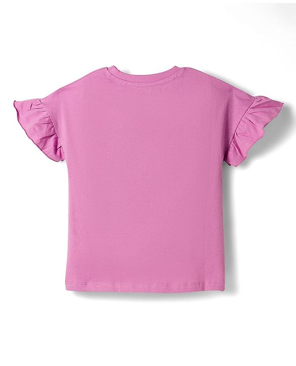 Pine Kids Single Jersey Knit Frill Sleeves Top & Pajama Night Suit With Unicorn Print - Purple