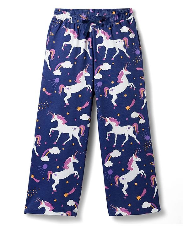 Pine Kids Single Jersey Knit Frill Sleeves Top & Pajama Night Suit With Unicorn Print - Purple