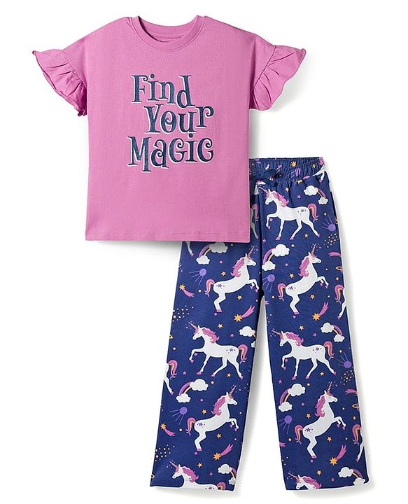 Pine Kids Single Jersey Knit Frill Sleeves Top & Pajama Night Suit With Unicorn Print - Purple
