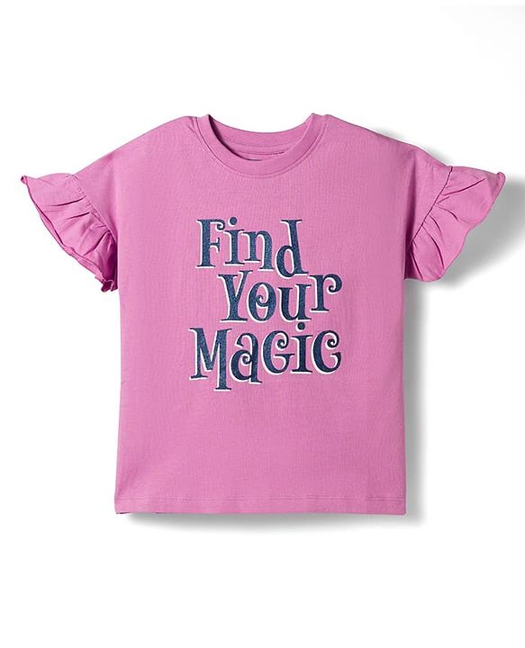 Pine Kids Single Jersey Knit Frill Sleeves Top & Pajama Night Suit With Unicorn Print - Purple