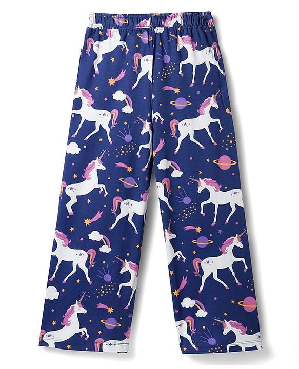 Pine Kids Single Jersey Knit Frill Sleeves Top & Pajama Night Suit With Unicorn Print - Purple