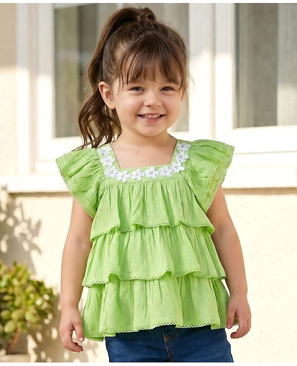 Babyhug Rayon Woven Half Sleeves Crinkle Crepe Top  With Floral Embriodery - Green