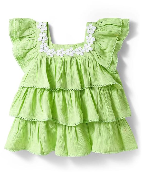Babyhug Rayon Woven Half Sleeves Crinkle Crepe Top  With Floral Embriodery - Green