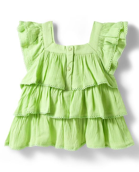 Babyhug Rayon Woven Half Sleeves Crinkle Crepe Top  With Floral Embriodery - Green